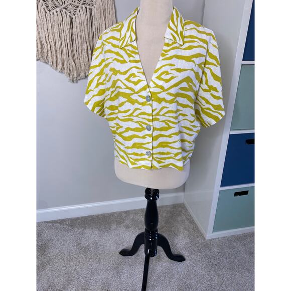 Marc New York Linen Yellow Zebra Print Button-down Crop Top Shirt Large - Picture 1 of 7